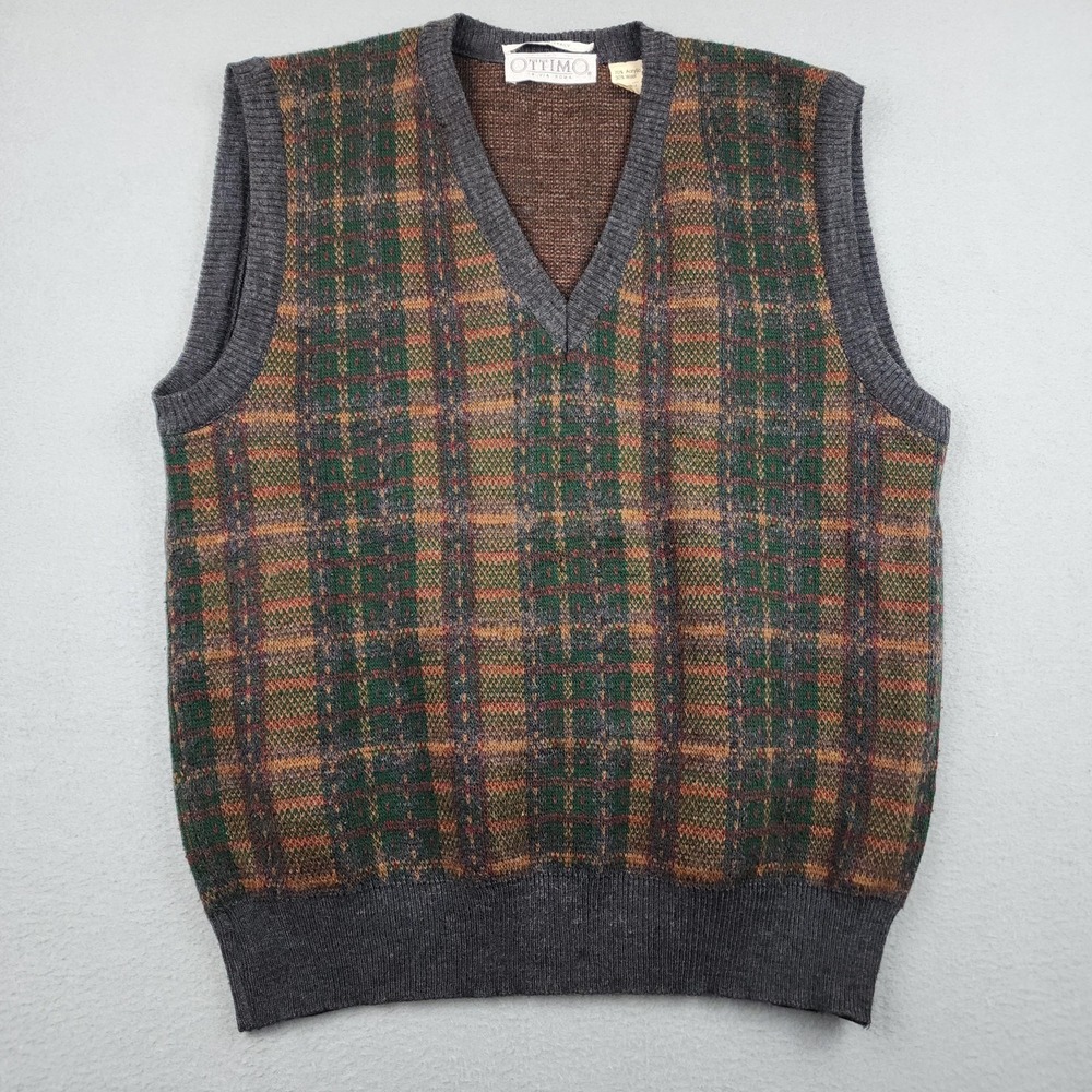 Ottimo Sweater Vest Mens Medium Multicolor Plaid V Neck Knit Wool Acrylic Italy